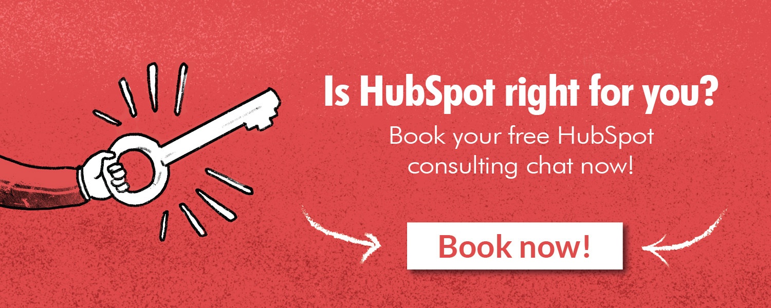 "Is HubSpot right for you?" CTA graphic with an option to book now. Includes an illustrated hand with an illustrated key.